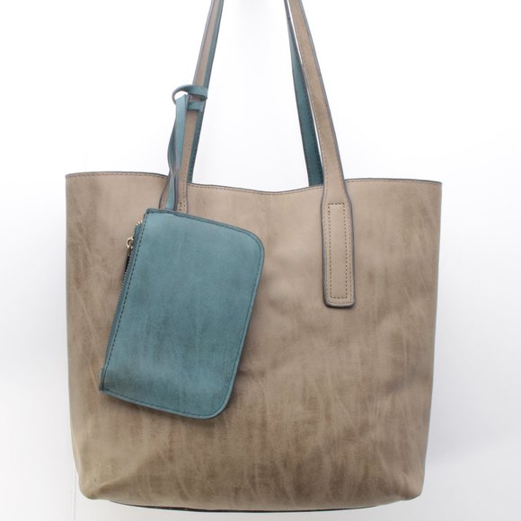 Reversable Beach Bag Shopping Tote Oversize Purse + Small Bag Blue-Green/Tan - Picture 1 of 16